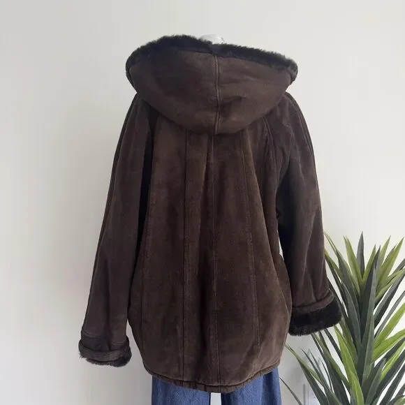 Marvin Richards Jacket Womens XL Brown Suede Leather Faux Fur Lined Hooded